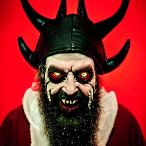 Prompt: a close up of a Rabbi that is the devil with horns looking at the camera in anger, cyberpunk art, neon, satan, red skin, dark, ominous, haunting, sinister, close-up, studio lighting, red lighting, scary, horror, dark,