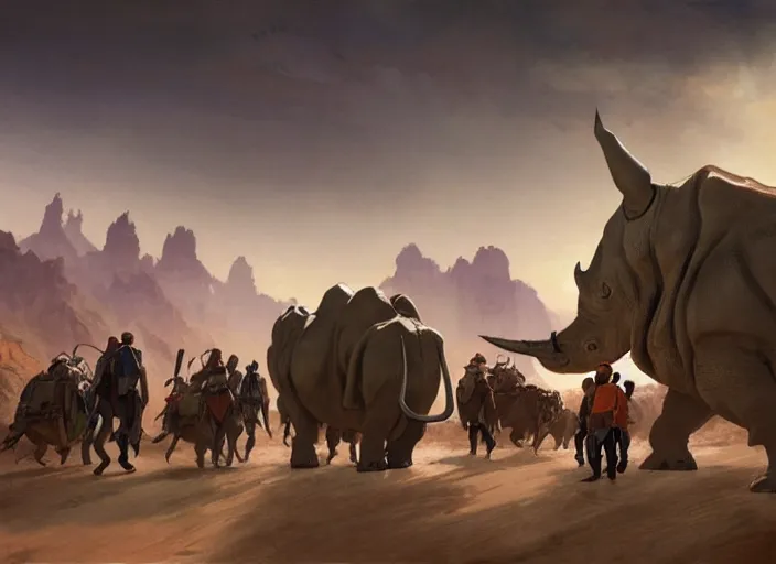 Prompt: the big large expedition with a crowd of adventurers being brought by gigantic rhinos carrying stuff towards the desert of duhnes medium shot, studio ghibli animation, anime key art by craig mullins, bloom, dramatic lighting