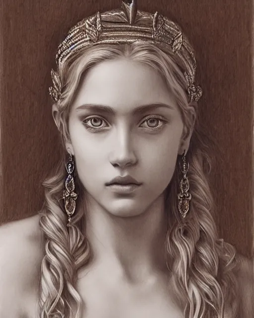 Image similar to pencil drawing of a beautiful greek goddess aphrodite wearing a laurel wreath and arrowhead earrings, beautiful confident and piercing eyes, beautiful blonde hair, hyper realistic face, in the style of greg rutkowski, fantasy, amazing detail, epic, elegant, smooth, sharp focus, from the front