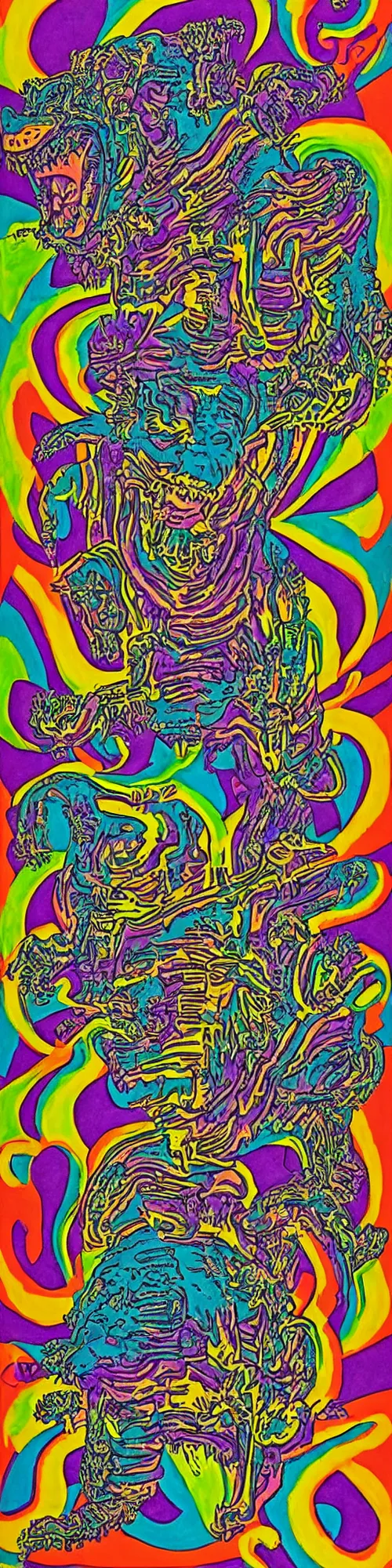 Prompt: tony the tiger dissolving into neon cereal pieces, cubensis, aztec, basil wolverton, r crumb, hr giger, mc escher, dali, picasso, muted but vibrant colors, subtle undulations, rainbow tubing