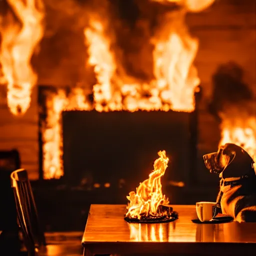 Prompt: a photograph of a big fire on a dining room on fire, only remains a wooden table and a chair, an human-like relaxed dog sitting at this table, ☕ on the table, surrounded by flames, a lot of flames behind the dog, black smoke instead of the ceiling