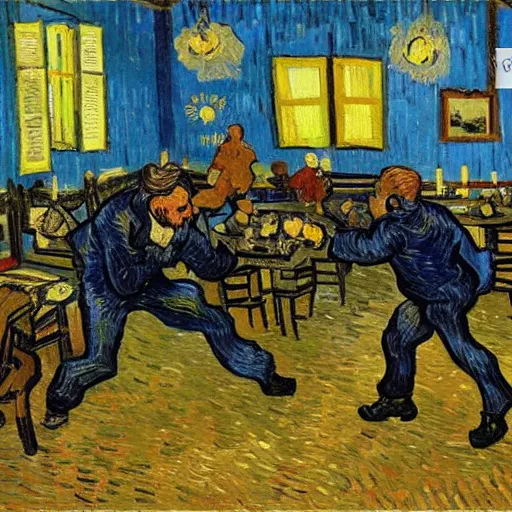 Image similar to people fighting at real estate auction, painting by van gogh