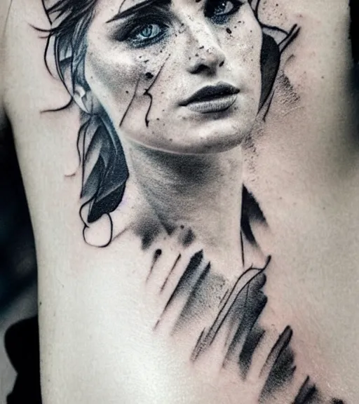 Prompt: tattoo design sketch of the most beautiful woman portrait faded to a background of beautiful mountains on her side, hyper - realistic, double exposure effect, in the style of den yakovlev, amazing detail, black and white, faded