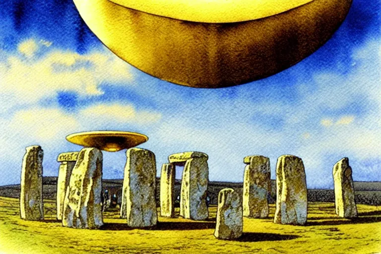 Image similar to a realistic and atmospheric watercolour fantasy concept art of a golden ufo landing on top of stonehenge. by rebecca guay, michael kaluta, charles vess and jean moebius giraud