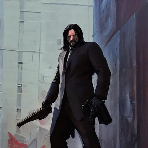 Image similar to greg manchess portrait painting of partially armored john wick as overwatch character, medium shot, asymmetrical, profile picture, organic painting, sunny day, matte painting, bold shapes, hard edges, street art, trending on artstation, by huang guangjian, gil elvgren, ruan jia, greg rutkowski, gaston bussiere