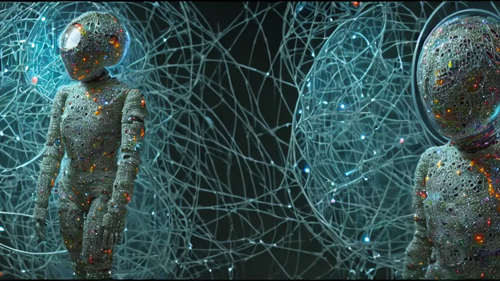 Image similar to a cybernetic symbiosis of a single astronaut mech-organic eva suit made of pearlescent wearing knitted shiny ceramic multi colored yarn thread infected with diamond 3d fractal lace iridescent bubble 3d skin dotted covered with orb stalks of insectoid compound eye camera lenses floats through the living room, film still from the movie directed by Denis Villeneuve with art direction by Salvador Dalí, wide lens,kevlar,carbon fiber,ceramics,gaseous materials,