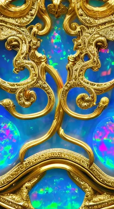 Image similar to beautiful heraldic crest depicting iridescent opal crystals and intricate filigree forms, gilded, Highly detailed, hyperreal, high definition, 8k, 8k render, realistic lighting, cinematic, product shot, dramatic