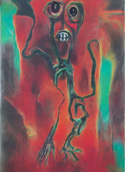 Prompt: man in black, grotesque, doomed, acrylic paint, gouache on canvas, vibrant colors, grotesque, wrapped thermal background, art francis bacon