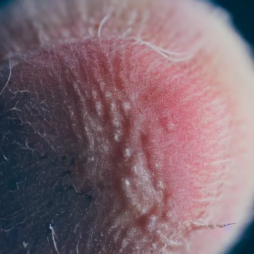 Image similar to a macro photo of a round peach's dry hairy skin, hyper realistic, hyper detailed, 35mm, very grainy film, pink volumetric studio lighting, bokeh, black background award winning shot, vogue magazine, cinematic, 8k, very closeup, elegant, tender, pastel