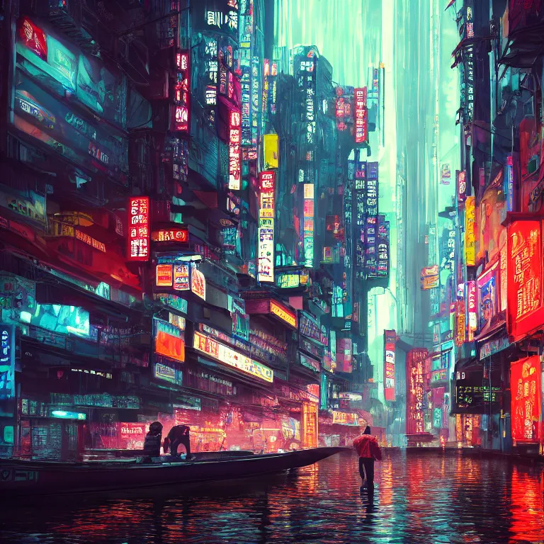 Image similar to cyberpunk flooded rainy south korea, seoul, man in small row boat, reflections, cinematic lighting, photorealistic, trending on artstation, storefronts made of neon lights, hyper realistic rendering photography, unreal 5 engine render, ultra wide angle, long shot, 8 k