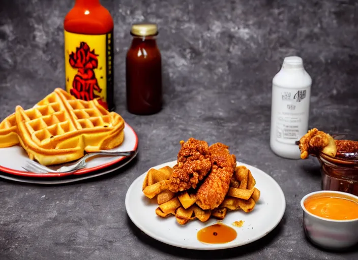 Prompt: dslr food photograph of a belgian waffle with fried chicken on top drizzled with maple syrup and a bottle of hot sauce on the side, 8 5 mm f 1. 8