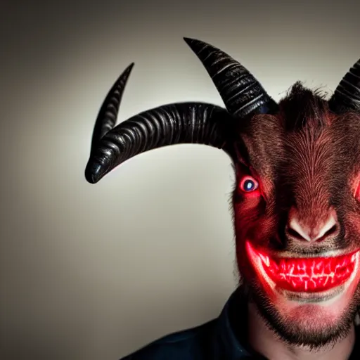 Image similar to a man with small goat horns growing from his head. glowing red eyes and sharp teeth. portrait photography, studio lighting, cinematic, chilling 4 k