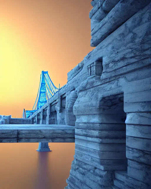 Image similar to scientifically realistic render scifi golden bridge to royal fortress stronghold temple carved out of marble skeleton and blue gems rendered in octane