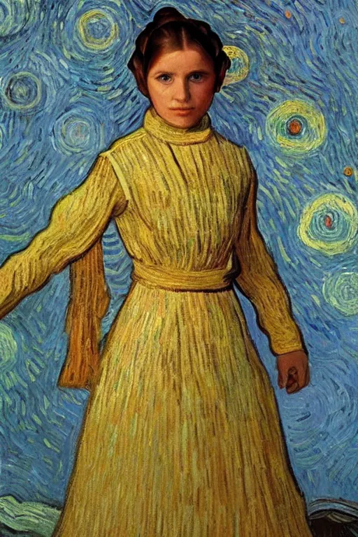 Image similar to bright beautiful oil painting portrait of young princess leia in 1 9 th century breton clothing, light scatter, van gogh