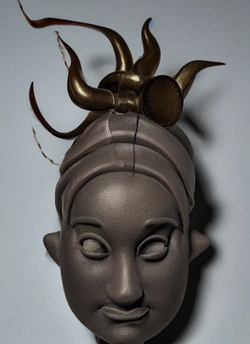 Image similar to stylised bust sculpture of an female Angler Fish, beautiful studio lighting