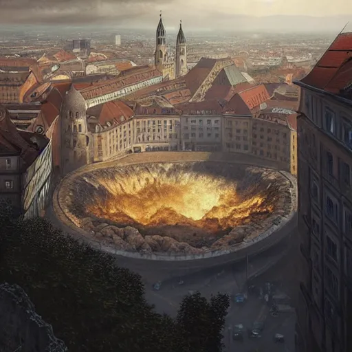 Prompt: city of munich!!!, huge crater in the middle of city!!!, rubble and ruins!!, ash and fires!! hyperrealistic, highly detailed, cinematic, golden sunlight, beautiful, cgssociety, artstation, 8 k, oil painting by greg rutkowski, by artgerm, by wlop