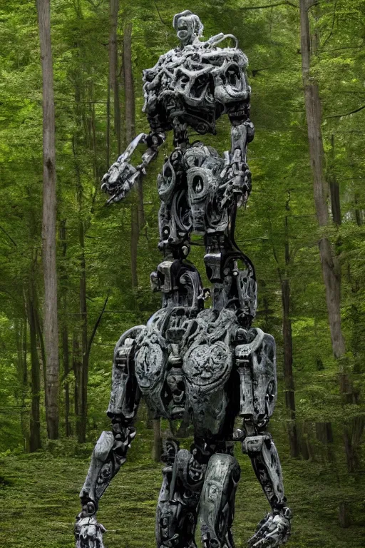 Prompt: A large robot statue made of stone covered in foliage in the middle of a forest by Greg Rutkowski, Sung Choi, Mitchell Mohrhauser, Maciej Kuciara, Johnson Ting, Maxim Verehin, Peter Konig, final fantasy , 8k photorealistic, cinematic lighting, HD, high details, atmospheric,