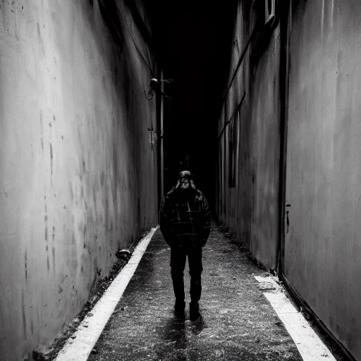 Image similar to a gloomy alley, a man stands in the darkness but the white of his eyes can be seen, dark, gloomy, skeptical