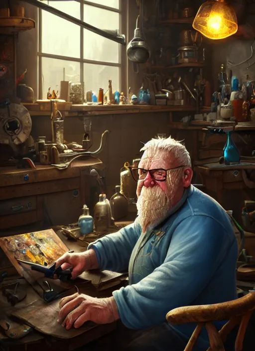 Image similar to An epic fantasy comic book style portrait painting of a an old tinker fat man working on a device in her workshop, unreal 5, DAZ, hyperrealistic, octane render, cosplay, RPG portrait, dynamic lighting