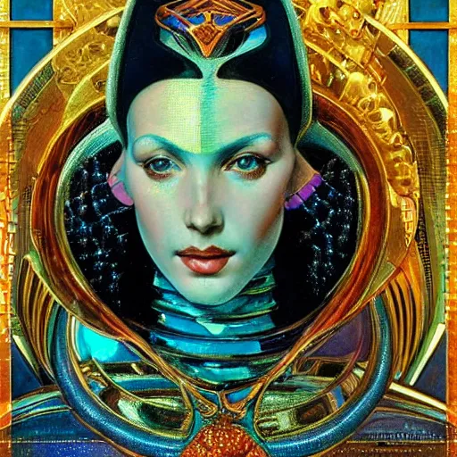 Prompt: close - up renaissance portrait of an iridescent art deco android priestess, reflective detailed textures, highly detailed fantasy science fiction painting by moebius, norman rockwell and william holman hunt and syd mead. elaborate geometric ornament, rich colors, high contrast. artstation