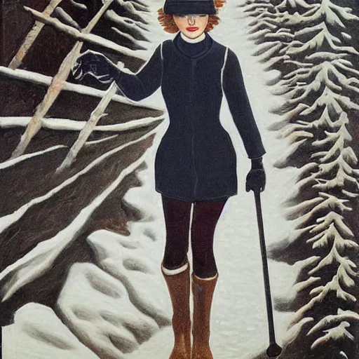 Image similar to emma stone in boots walking to outdoor toilet, winter, russian depression, chthonic, sharp focus, detailed, art by grant wood