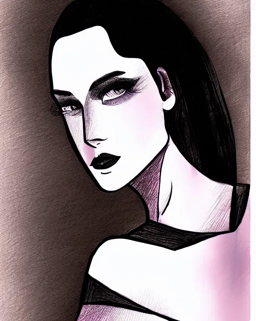 Image similar to a drawing of a woman in a black top, a sketch by patrick nagel, deviantart contest winner, gothic art, digitally enhanced, digital painting, dramatic lighting