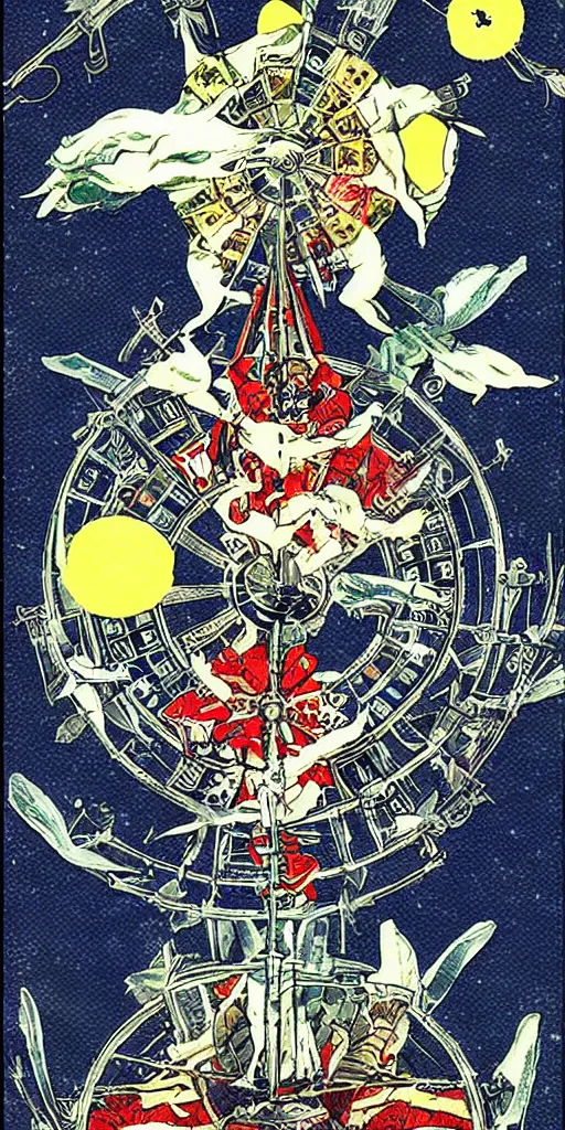 Prompt: Wheel of Fortune tarot card by Koyoharu Gotouge. clean, sharp lines,