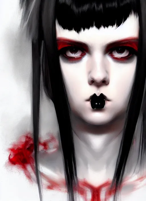 Image similar to portrait of white teenage girl, normal face, black bangs, mall goth, cyberlox, black and white hair, bangs, fluffy bangs, red contacts, intricate, elegant, highly detailed, digital painting, artstation, concept art, sharp focus, smooth, illustration, art by wlop, mars ravelo and greg rutkowski