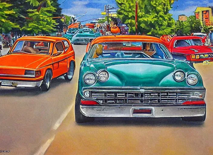 Image similar to 5 hotrods driving down a street , vintage, highly detailed, by Jeff Easley