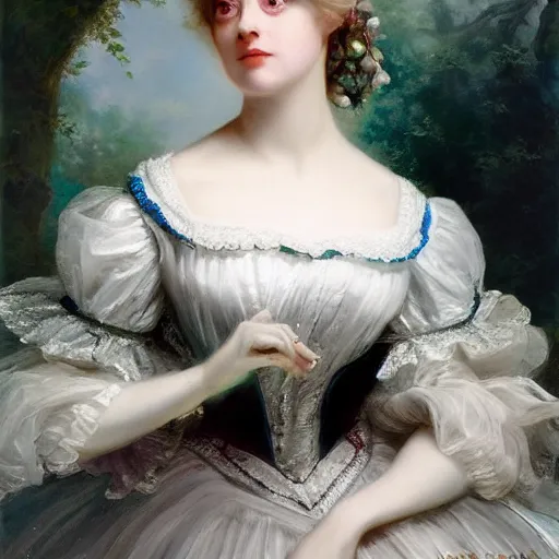 Image similar to Alice in Wonderland,a portrait of a beautiful Silver hair girl,Diamonds Blaze,Rose twining,luxuriant,dreamy, eternity, romantic,highly detailed,in the style of Franz Xaver Winterhalter, highly detailed,in the style of Aetherpunk