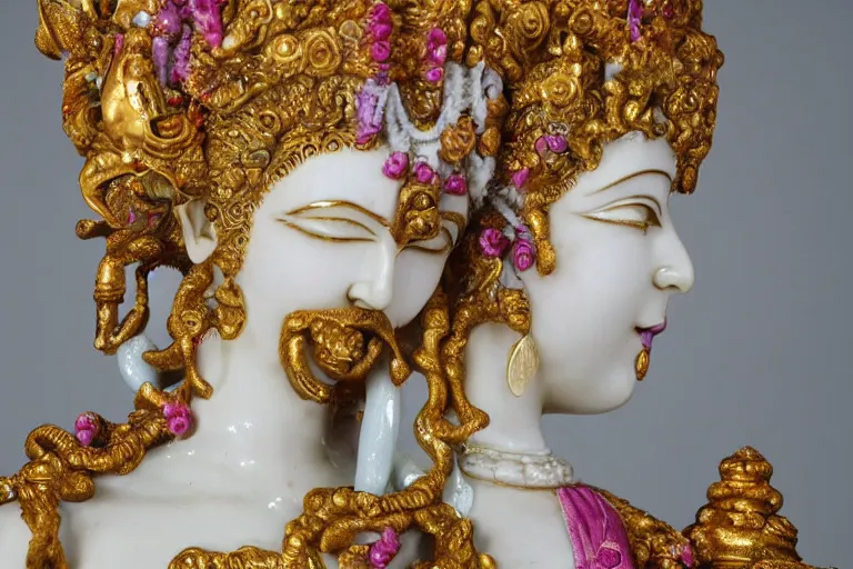 Image similar to full head and shoulders, beautiful female, colourful porcelain sculpture, hindu god, with lots of ornate gold leaf, attached to head by daniel arsham and james jean, on a white background, delicate facial features,