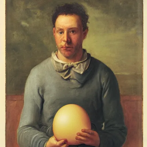 Prompt: a portrait of a man holding an egg