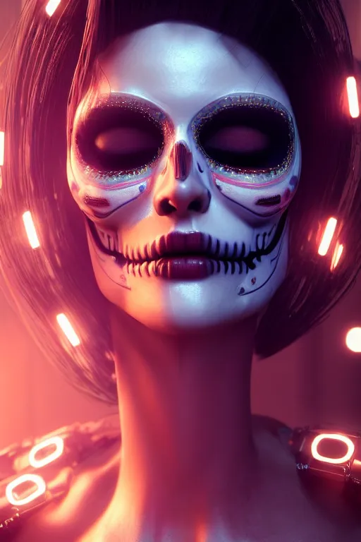 Prompt: beautiful android woman, crying eyes closed!, sharp, photorealistic cinematic, 3 d model, cyborg, postcyberpunk, blade runner, octane render, concept art, vogue, 8 k, intricate detailed environment el dia los muertos. by terry oneill