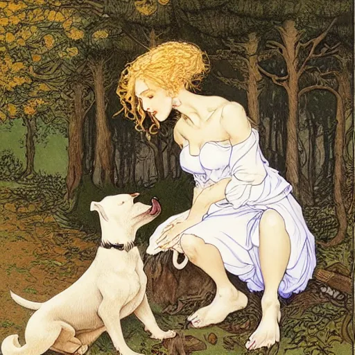 Image similar to pretty girl with curly blonde hair sits in a forest while petting a white pitbull, highly detailed, painting by rebecca guay