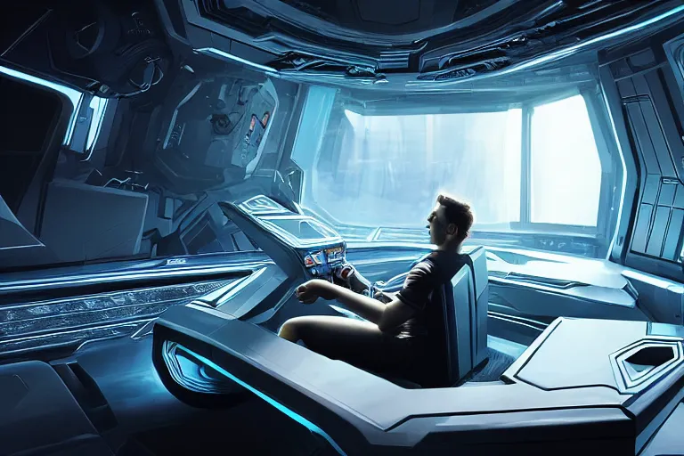 Prompt: a cinematic shot of a man sitting in a futuristic sci - fi vehicle, dramatic lighting, concept art, hyper realistic, cyberpunk