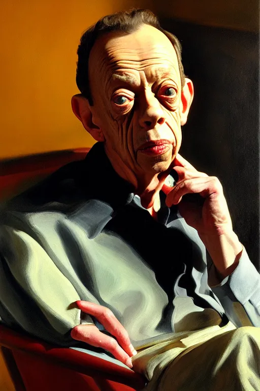 Image similar to portrait of don knotts sitting with full face full figure, in the style of expressionism, soft light, volumetric light, subsurface scattering, translucent skin, artstation, trending, andrew wyeth, jamie wyeth, john singer sargent,