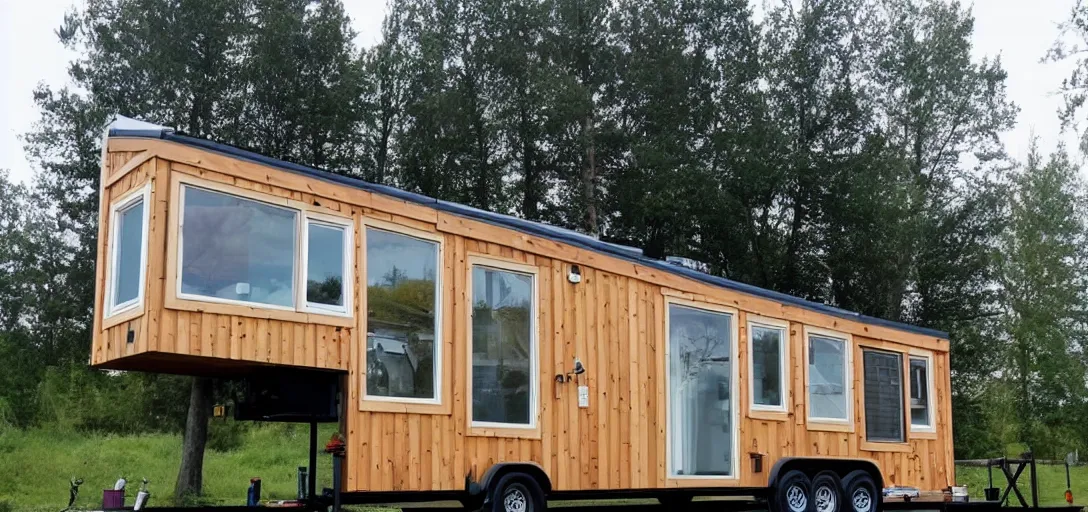 Prompt: raska - style tiny house on trailer.