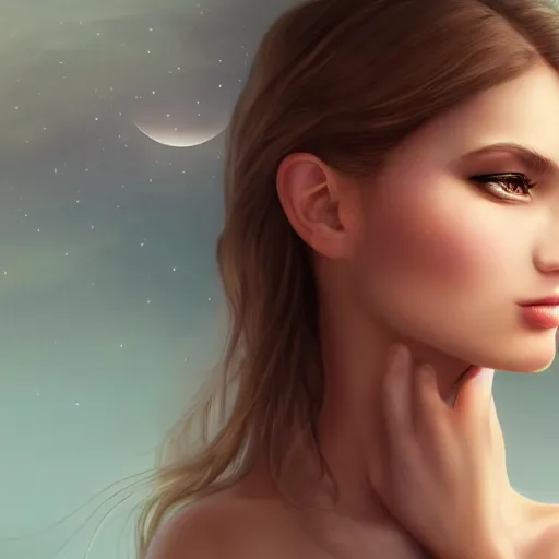 Image similar to a bored gorgeous female, photo, professionally retouched, soft lighting, wearing sundress, illuminated by moonlight, realistic, smooth face, goddess, luscious lips, perfect eyes, wide angle, sharp focus on eyes, 8 k high definition, insanely detailed, intricate, elegant, art by artgerm and wlop