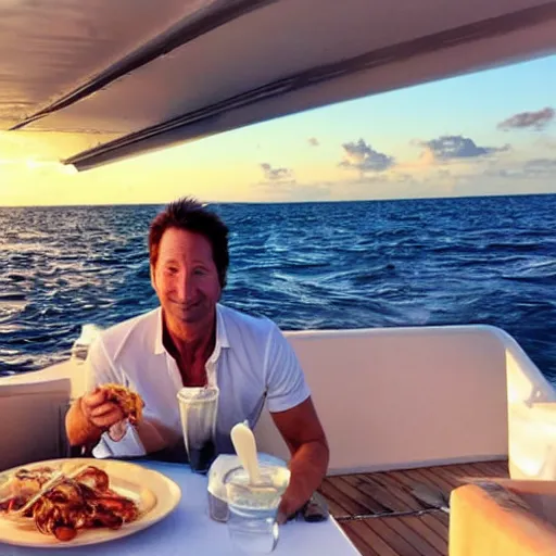 Prompt: photo of david duchovny eating soft shell crab on a yacht in the bahamas at sunset