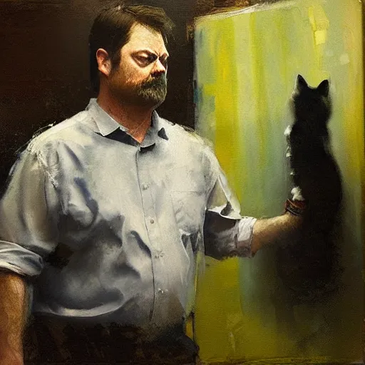 Image similar to nick offerman with cat body, jeremy mann painting