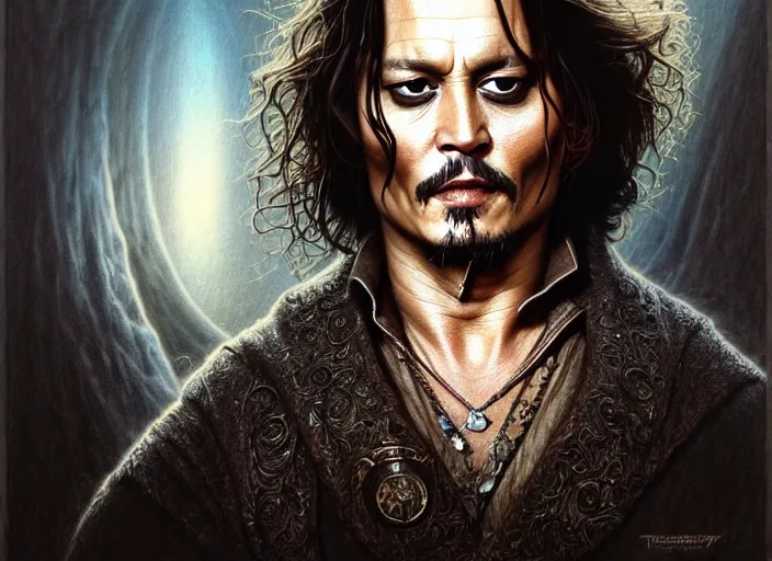 Image similar to wideangle!! portrait shot of johnny depp in the lord of the rings, intricate, elegant, highly detailed, centered, digital painting, artstation, concept art, smooth, sharp focus, illustration, artgerm, tomasz alen kopera, peter mohrbacher, donato giancola, joseph christian leyendecker, wlop, boris vallejo