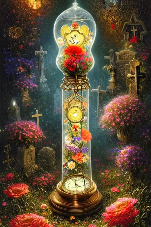 Prompt: intricate detailed Hour Glass covered in Flowers Surrounded by a Cemetery of Grave Stones and Ghosts james gurney,dan luvisi,Petros Afshar,tim hildebrandt,liam wong,Mark Riddick,thomas kinkade,ernst haeckel,dan mumford,trending on artstation,josephine wall, WLOP ,cgsociety by Gediminas Pranckevicius, trending on cgsociety and DeviantArt