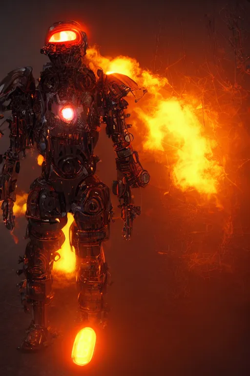 Prompt: Cybernetic Flame Armor, fantasy, photorealistic, glowing eyes, 4k, cinematic lighting, explosive, destroyed cityscape