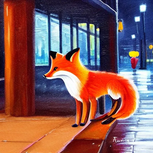 Prompt: painting of a fox in front of a bus stand bench at a rainy night, trending on artstation - 1 0 2 4