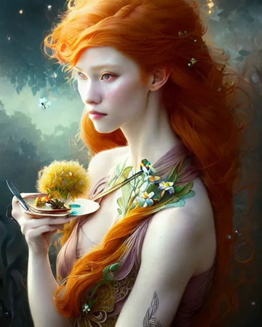 Image similar to Beautiful and playful ethereal ginger portrait having lunch, art nouveau, fantasy, intricate flower designs, elegant, highly detailed, sharp focus, art by Artgerm and Greg Rutkowski and WLOP