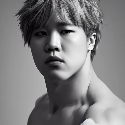 Image similar to wide angle full body portrait of Park Jimin as Antinous, dramatic photography, dramatic facial expression, tears, hand on his cheek, soft skin, soft blush, intricate, ethereal, highly detailed, high resolution, 8K resolution, sharp focus, Unreal engine 5, smooth, art by J. C. Leyendecker