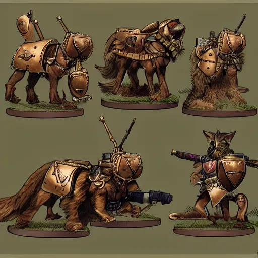 Image similar to Warrior cats riding large wardogs into battle, steampunk weapons and armour