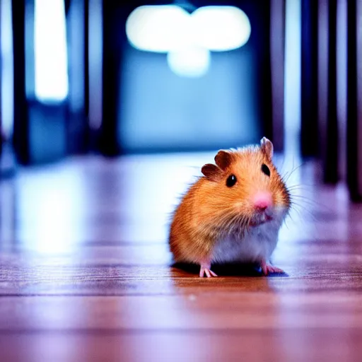 Image similar to photo of a hamster, dimly lit cinema corridor, various poses, unedited, soft light, sharp focus, 8 k