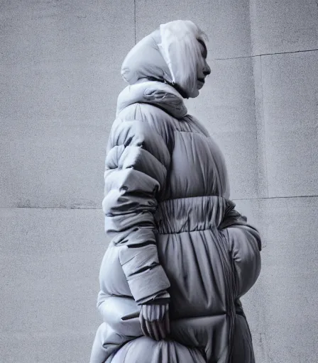 Image similar to well lit fashion shoot portrait of extremely beautiful female marble statue wearing huge over size puffer jacket by dingyun zhang, yeezy, balenciaga, vetements, a cold wall, sharp focus, clear, detailed,, cinematic, detailed, off white, glamourous, symmetrical, vogue, editorial, fashion, magazine shoot, glossy