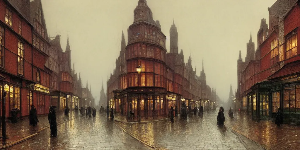 Prompt: Victorian city street with front view of shops on a rainy day in London, evening, low angle view, detailed matte painting, cinematic, John Atkinson Grimshaw, Artstation